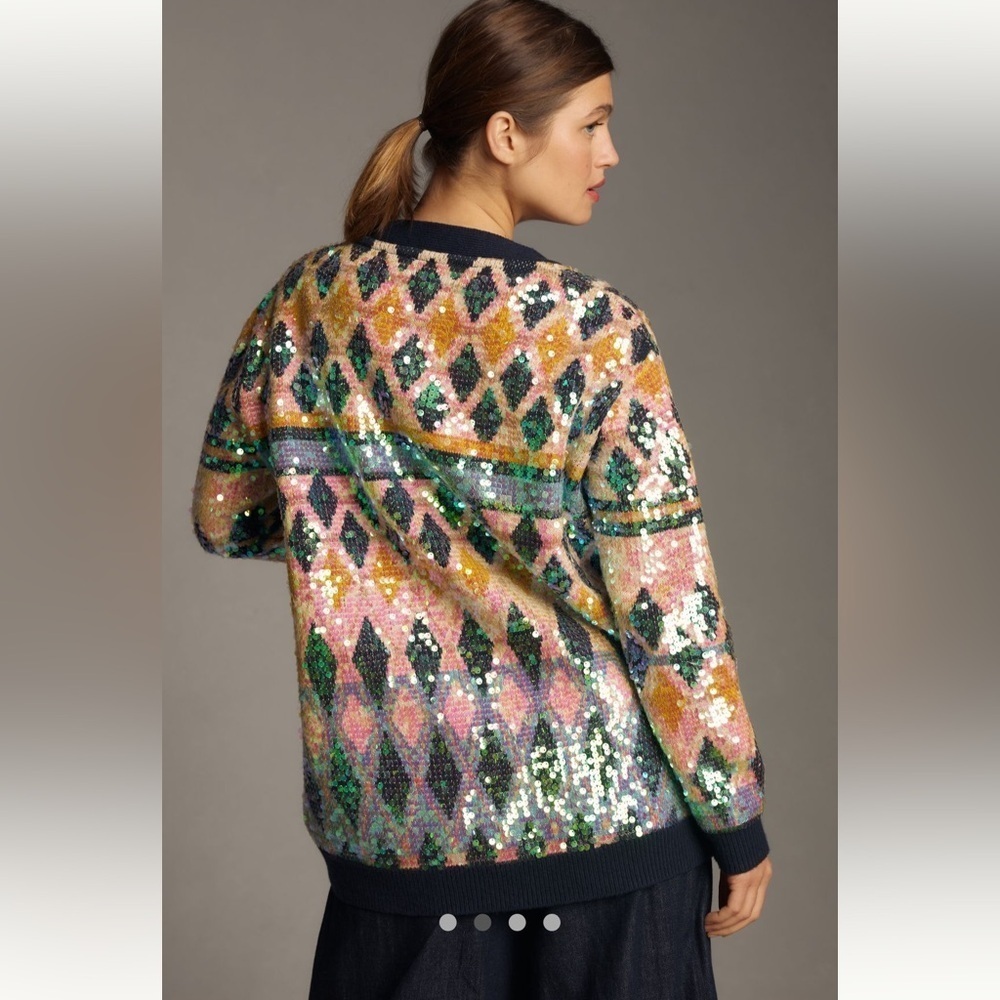 RARE!!!! Anthropologie NWT Maeve Patterned Sequin Cardigan size M. - Picture 4 of 11